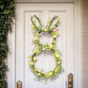 Easter Bunny Spring Wreath for Front Door, Lighted Easter Wreaths with Timer and 30 LED Warm Lights, Foldable Bunny Wreaths with Eggs, Twigs and Berries, Pre-Lit Wreath for Spring Decor in Saudi Arabia