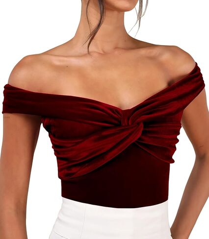 SHESEEWORLD Women's 2025 Summer Off Shoulder Twist Knot Front Slim Fitted Sexy Y2K Velvet Tops in Saudi Arabia