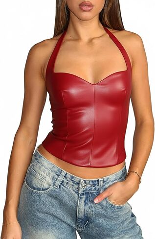 Women Sexy Leather Top Sweetheart Neckline Halter Tops Backless Club Party Rave Going Out Tops in Saudi Arabia