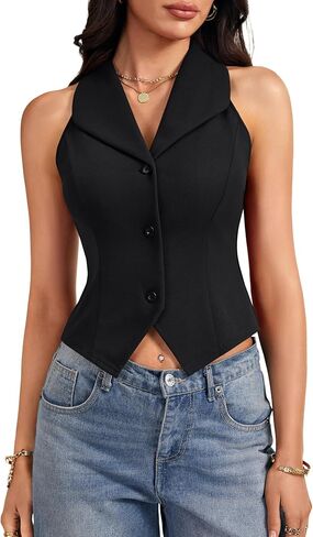 Rooscier Women's Collared V Neck Button Down Sleeveless Slim Fashion Vest Crop Top in Saudi Arabia