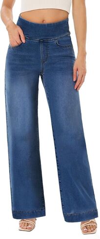 Pull On Wide Leg Jeans for Women, High Waisted Tummy Control Stretchy Baggy Trendy Straight Denim Pants with Pockets in Saudi Arabia