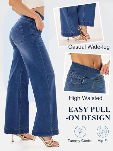 Pull On Wide Leg Jeans for Women, High Waisted Tummy Control Stretchy Baggy Trendy Straight Denim Pants with Pockets in Saudi Arabia