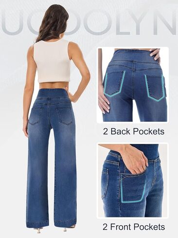 Pull On Wide Leg Jeans for Women, High Waisted Tummy Control Stretchy Baggy Trendy Straight Denim Pants with Pockets in Saudi Arabia