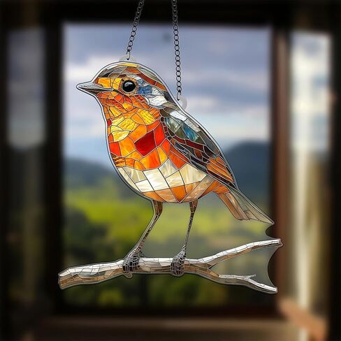 طيور أكريليك مصنوعة يدويًا من الزجاج الملون لصيد الشمس، حديقة معلقة لصيد الشمس روبن على الفرع، ديكور معلق للنوافذ، الحديقة in Saudi Arabia