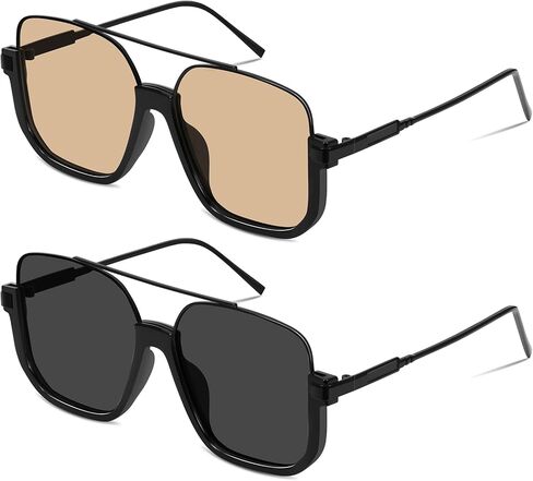 Square Oversized Aviator Sunglasses for Women Men 70s Retro Double Bridge Sun Glasses Fashion UV Protection Shades in Saudi Arabia