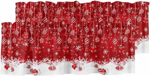 Red Christmas Balls Curtain Valances for Windows, Christmas Ball Kitchen Valance Window Treatments Panel 2 Pack, Snowflake Xmas Rod Pocket Short Curtains for Bathroom Bedroom 54 x 18 Inch in Saudi Arabia