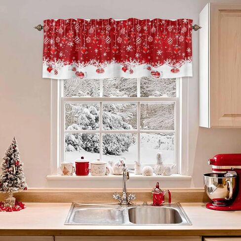 Red Christmas Balls Curtain Valances for Windows, Christmas Ball Kitchen Valance Window Treatments Panel 2 Pack, Snowflake Xmas Rod Pocket Short Curtains for Bathroom Bedroom 54 x 18 Inch in Saudi Arabia