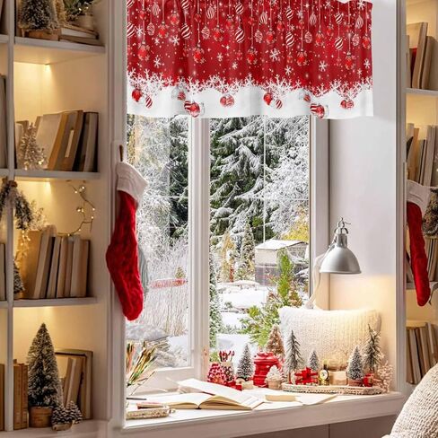 Red Christmas Balls Curtain Valances for Windows, Christmas Ball Kitchen Valance Window Treatments Panel 2 Pack, Snowflake Xmas Rod Pocket Short Curtains for Bathroom Bedroom 54 x 18 Inch in Saudi Arabia