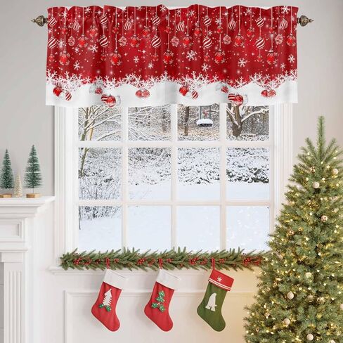 Red Christmas Balls Curtain Valances for Windows, Christmas Ball Kitchen Valance Window Treatments Panel 2 Pack, Snowflake Xmas Rod Pocket Short Curtains for Bathroom Bedroom 54 x 18 Inch in Saudi Arabia