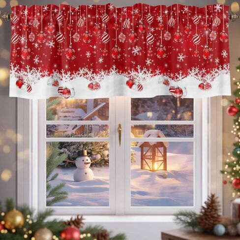 Red Christmas Balls Curtain Valances for Windows, Christmas Ball Kitchen Valance Window Treatments Panel 2 Pack, Snowflake Xmas Rod Pocket Short Curtains for Bathroom Bedroom 54 x 18 Inch in Saudi Arabia