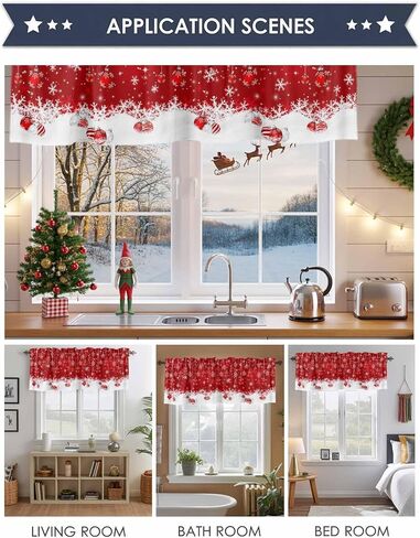 Red Christmas Balls Curtain Valances for Windows, Christmas Ball Kitchen Valance Window Treatments Panel 2 Pack, Snowflake Xmas Rod Pocket Short Curtains for Bathroom Bedroom 54 x 18 Inch in Saudi Arabia