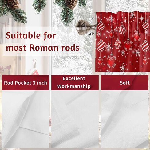 Red Christmas Balls Curtain Valances for Windows, Christmas Ball Kitchen Valance Window Treatments Panel 2 Pack, Snowflake Xmas Rod Pocket Short Curtains for Bathroom Bedroom 54 x 18 Inch in Saudi Arabia