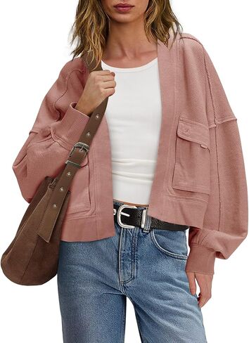 Panadila Womens Cropped Jackets Oversized Cardigans Long Sleeve Open Front Sweatshirt Cardigan Fall Coats in Saudi Arabia