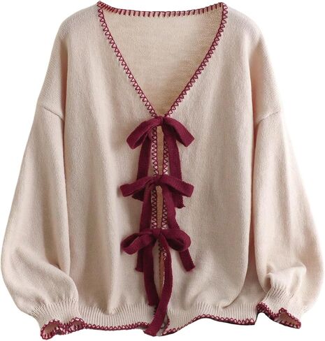 SHENHE Women's Plus Size Tie Front Bow Cardigan Sweater V Neck Fall Soft Knit Loose Cardigan in Saudi Arabia