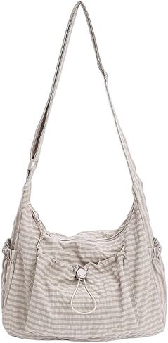 Korean Style Plaid Casual Shoulder Bag, Lightweight Checkered Crossbody Bag with Adjustable Strap, Cotton Quilted Fabric in Saudi Arabia