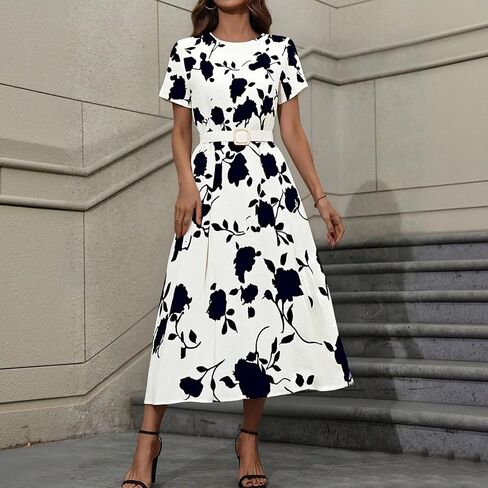 Women's Floral A Line Dress Short Sleeve Summer Fit and Flare Round Neck Work Casual Maxi Dress for Office in Saudi Arabia