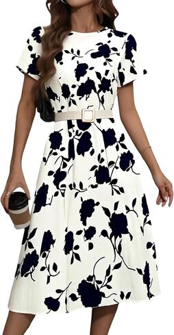 Women's Floral A Line Dress Short Sleeve Summer Fit and Flare Round Neck Work Casual Maxi Dress for Office in Saudi Arabia