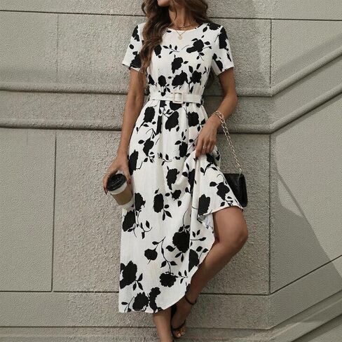 Women's Floral A Line Dress Short Sleeve Summer Fit and Flare Round Neck Work Casual Maxi Dress for Office in Saudi Arabia