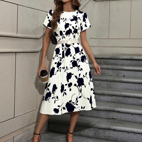 Women's Floral A Line Dress Short Sleeve Summer Fit and Flare Round Neck Work Casual Maxi Dress for Office in Saudi Arabia