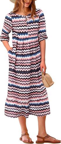 Casual Loose Long Sleeve Maxi Dress for Womens Vintage Print Pleated Crewneck Flowy Baggy Long Dress in Saudi Arabia