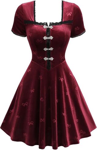 DRESSFO Women's Gothic A-Line Mini Dress – Velvet Embossed Dress with Bowknot, Lace Trim and Frog Button Detail in Saudi Arabia