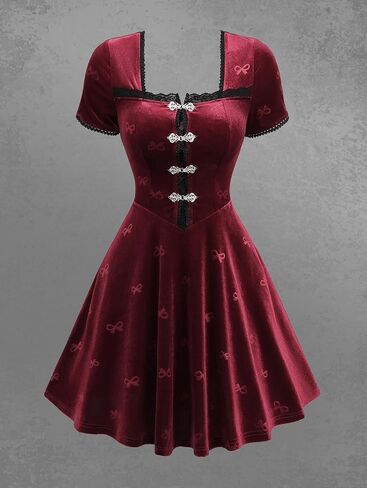 DRESSFO Women's Gothic A-Line Mini Dress – Velvet Embossed Dress with Bowknot, Lace Trim and Frog Button Detail in Saudi Arabia