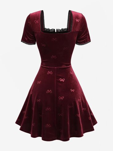 DRESSFO Women's Gothic A-Line Mini Dress – Velvet Embossed Dress with Bowknot, Lace Trim and Frog Button Detail in Saudi Arabia