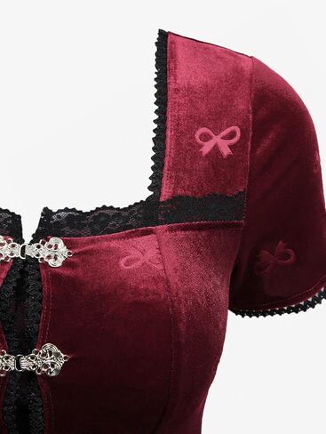 DRESSFO Women's Gothic A-Line Mini Dress – Velvet Embossed Dress with Bowknot, Lace Trim and Frog Button Detail in Saudi Arabia