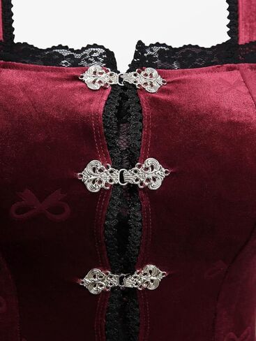 DRESSFO Women's Gothic A-Line Mini Dress – Velvet Embossed Dress with Bowknot, Lace Trim and Frog Button Detail in Saudi Arabia