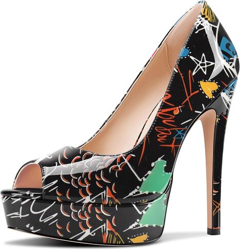 TNYNFBEB Peep Open Toe Stiletto High Platform Heel Pumps Slip-on Prom Party Dress Patent Leather 5.3 Inches Heels in Saudi Arabia