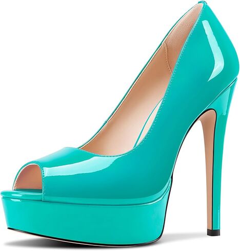 TNYNFBEB Peep Open Toe Stiletto High Platform Heel Pumps Slip-on Prom Party Dress Patent Leather 5.3 Inches Heels in Saudi Arabia