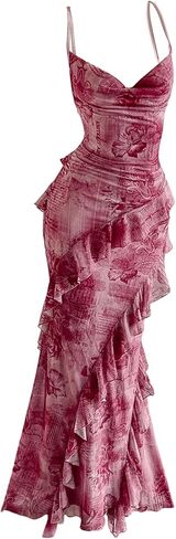 GORGLITTER Women's Floral Mesh Fishtail Maxi Dress Summer Ruffle Backless Wedding Guest Vacation Cocktail Long Sundress in Saudi Arabia