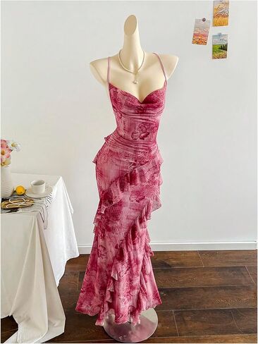 GORGLITTER Women's Floral Mesh Fishtail Maxi Dress Summer Ruffle Backless Wedding Guest Vacation Cocktail Long Sundress in Saudi Arabia