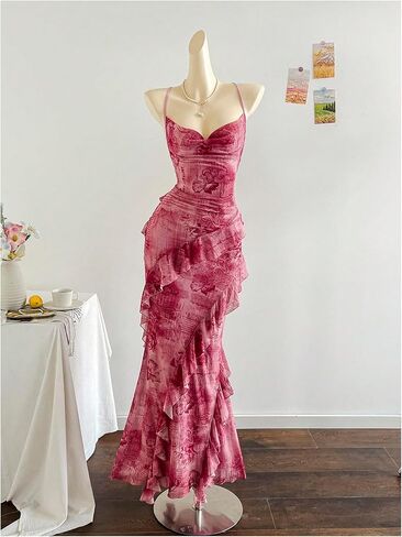 GORGLITTER Women's Floral Mesh Fishtail Maxi Dress Summer Ruffle Backless Wedding Guest Vacation Cocktail Long Sundress in Saudi Arabia