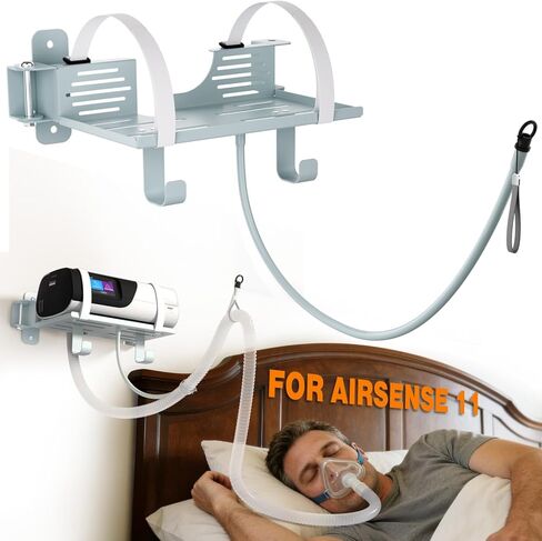 شماعة تثبيت على الحائط من Godboat CPAP لآلة Resmed Airsense 11 - حامل خرطوم CPAP دوار 180 درجة، رف دوار 90 درجة مع خطافين لحامل قناع منظم الأنبوب [خالي من التشابك]، ديكور غرفة النوم بجانب السرير، رمادي in Kuwait
