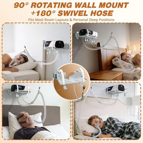 شماعة تثبيت على الحائط من Godboat CPAP لآلة Resmed Airsense 11 - حامل خرطوم CPAP دوار 180 درجة، رف دوار 90 درجة مع خطافين لحامل قناع منظم الأنبوب [خالي من التشابك]، ديكور غرفة النوم بجانب السرير، رمادي in Kuwait