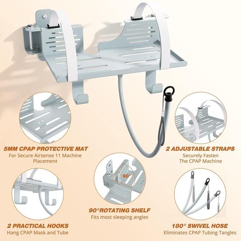 شماعة تثبيت على الحائط من Godboat CPAP لآلة Resmed Airsense 11 - حامل خرطوم CPAP دوار 180 درجة، رف دوار 90 درجة مع خطافين لحامل قناع منظم الأنبوب [خالي من التشابك]، ديكور غرفة النوم بجانب السرير، رمادي in Kuwait