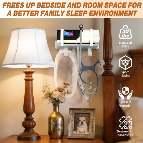 شماعة تثبيت على الحائط من Godboat CPAP لآلة Resmed Airsense 11 - حامل خرطوم CPAP دوار 180 درجة، رف دوار 90 درجة مع خطافين لحامل قناع منظم الأنبوب [خالي من التشابك]، ديكور غرفة النوم بجانب السرير، رمادي in Kuwait