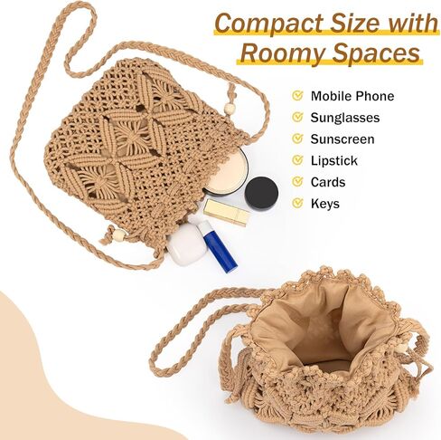 Peicees Drawstring Crochet Bag Purse- Woven Crossbody Purse For Women Summer Beach Vacation Travel Boho Shoulder Bag Small in Saudi Arabia