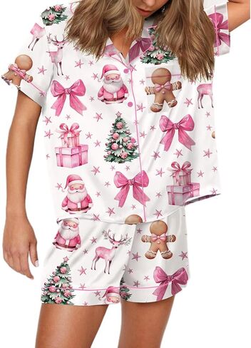 RUEWEY Women’s 2 Piece Silk Satin Pajama Set Print Short Sleeve Button Up Top Shirt and Shorts Set Loungewear in Saudi Arabia