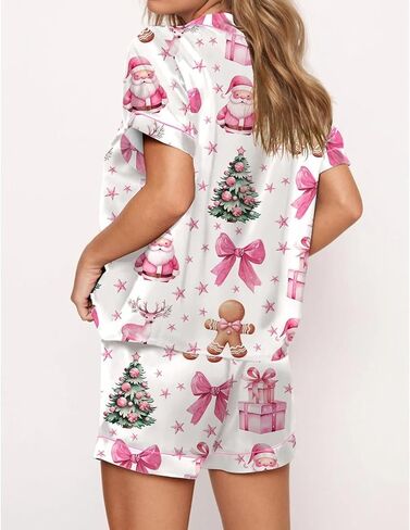RUEWEY Women’s 2 Piece Silk Satin Pajama Set Print Short Sleeve Button Up Top Shirt and Shorts Set Loungewear in Saudi Arabia