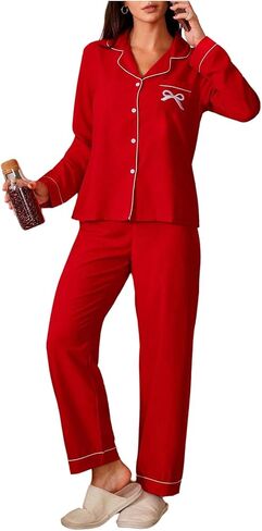 SOLY HUX Women's Pajama Set Bow Embroidery Long Sleeve Sleepwear Button Down Shirt and Pants Sets Loungewear in Saudi Arabia