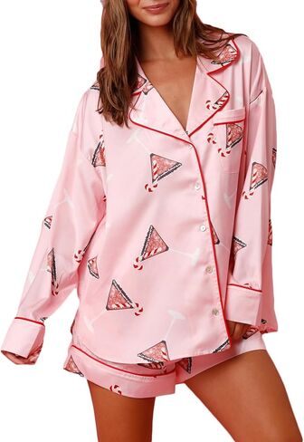 RUEWEY Women’s 2 Piece Silk Satin Pajama Set Print Short Sleeve Button Up Top Shirt and Shorts Set Loungewear in Saudi Arabia