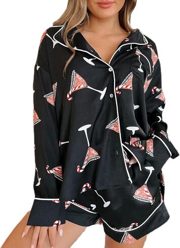 RUEWEY Women’s 2 Piece Silk Satin Pajama Set Print Short Sleeve Button Up Top Shirt and Shorts Set Loungewear in Saudi Arabia
