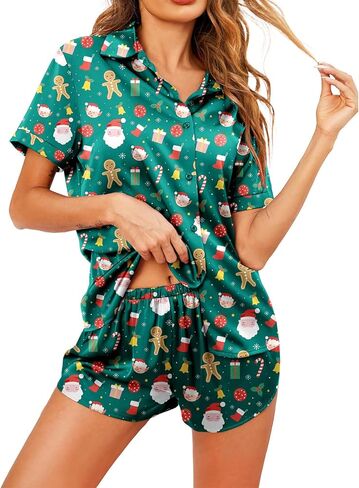 RUEWEY Women’s 2 Piece Silk Satin Pajama Set Print Short Sleeve Button Up Top Shirt and Shorts Set Loungewear in Saudi Arabia