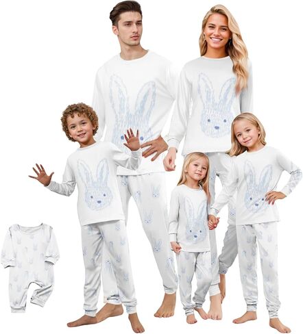 ADHOWBEW Matching Family Easter Outfits Holiday Cute Bunny Graphic Funny 2 Piece Long Sleeve Top with Long Pj Pants or Onesie in Saudi Arabia