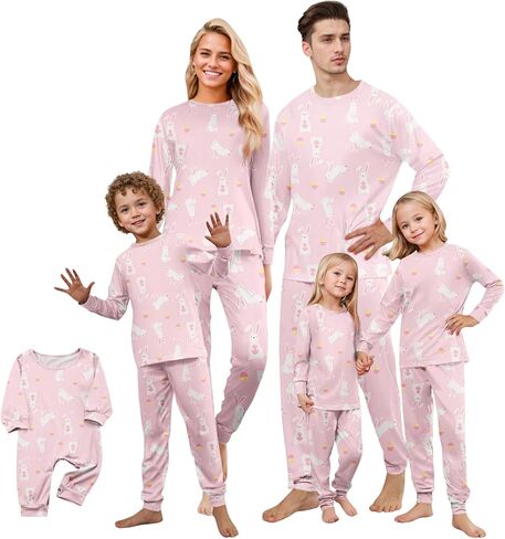 ADHOWBEW Matching Family Easter Outfits Holiday Cute Bunny Graphic Funny 2 Piece Long Sleeve Top with Long Pj Pants or Onesie in Saudi Arabia