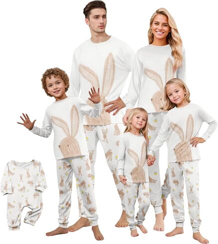 ADHOWBEW Matching Family Easter Outfits Holiday Cute Bunny Graphic Funny 2 Piece Long Sleeve Top with Long Pj Pants or Onesie in Saudi Arabia