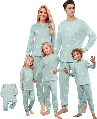 ADHOWBEW Matching Family Easter Outfits Holiday Cute Bunny Graphic Funny 2 Piece Long Sleeve Top with Long Pj Pants or Onesie in Saudi Arabia