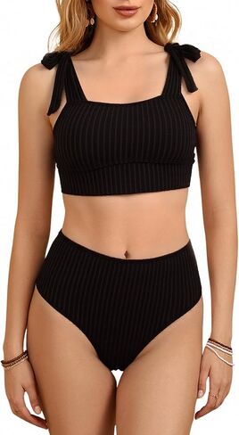 Women's Tie Shoulder High Waisted Bikini Sets 2 Piece Retro Ribbed Swimsuit Swimwear in Saudi Arabia